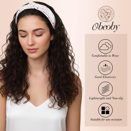 obeoby Pink Knotted Headbands, Trendy Heart Stripes Headbands for Girls Non-Slip Hair Bands for Women’s Hair (4Pack)