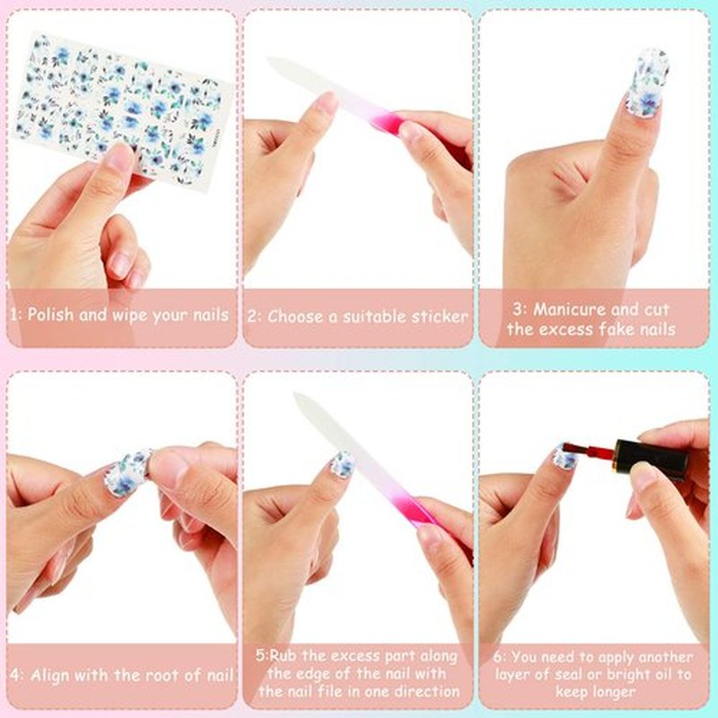 168 Pcs 12 Sheets Full Wraps Nail Polish Stickers Flower Print Self-Adhesive Nail Decal Strips with File Manicure Kits Colorful Flower Full Cover Decal Strips for Women DIY Decoration(Bright Style)