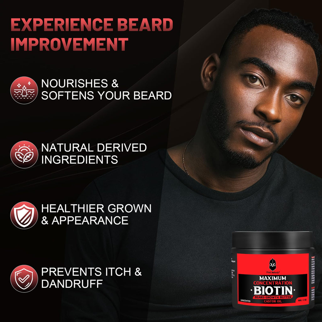 Beard Butter,Maximum Concentration Biotin,with Castor Oil and Argan & Jojoba Oils, Promotes Beard Growth, Styles, Strengthens & Softens Beards ,Unruly Beards While Relieving Itch,2 Ounce*2 (2 Pack)