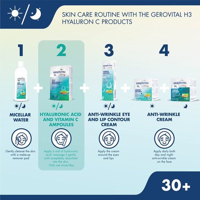 GEROVITAL HYALURON C Hyaluronic Acid Serum for Face with Vitamin C, Intensive Anti-Wrinkle Face Treatment, Hydrating, Face Moisturizer, for Normal, Mixed, Dry Skin, 10 vials x 2 ml