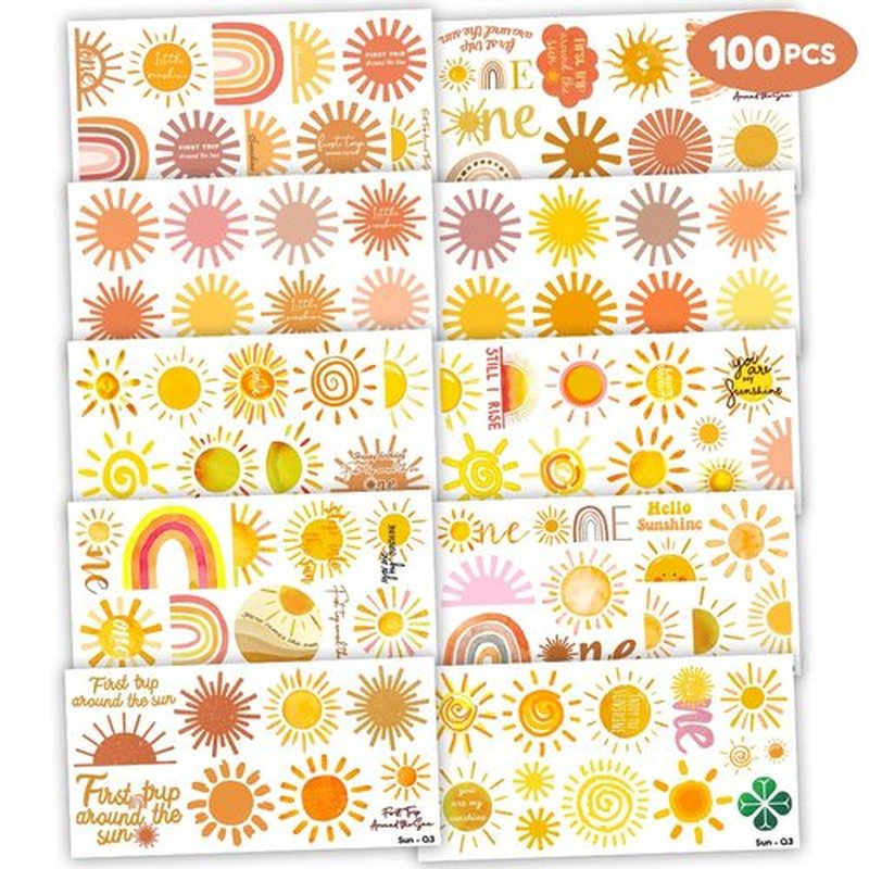 100PCS Boho Sunshine Sun Temporary Tattoos Themed Birthday Party Decorations Favors Supplies Decor Hello Sunshine Sunset Stickers Cute Gifts for Game Kids Boys Girls Class Prizes Carnival