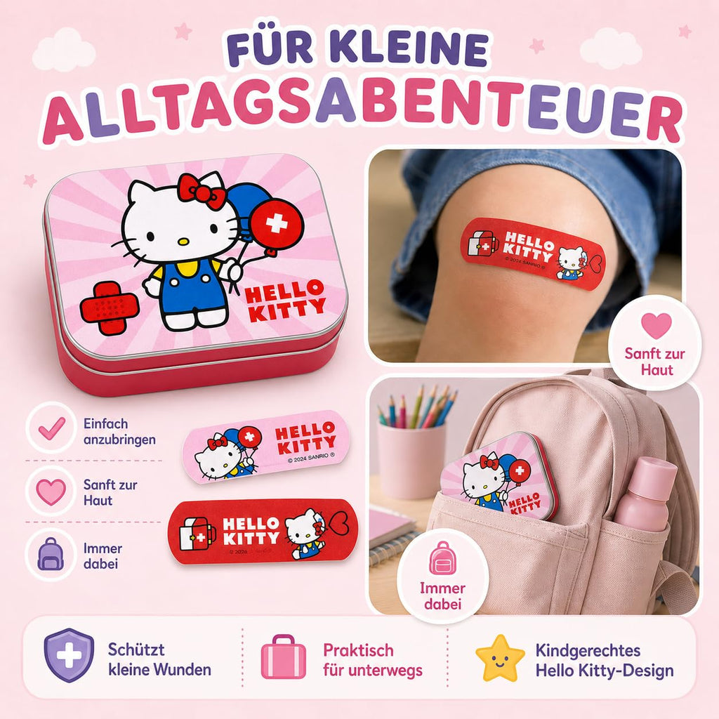 Hello Kitty Pink Kids Bandages – Licensed Metal Tin – 24 Colorful Plasters with Cute Design – Ideal for Backpack, Travel or Purse – First Aid Fun for Children – 1 Pack