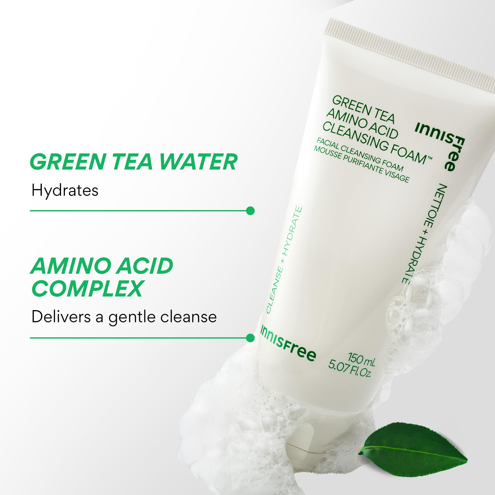 innisfree Green Tea Amino Acid Cleansing Foam,Sulfate-Free Hydrating Korean Face Wash,Gentle Lather,pH-Balanced Skincare,(Pack of 2)