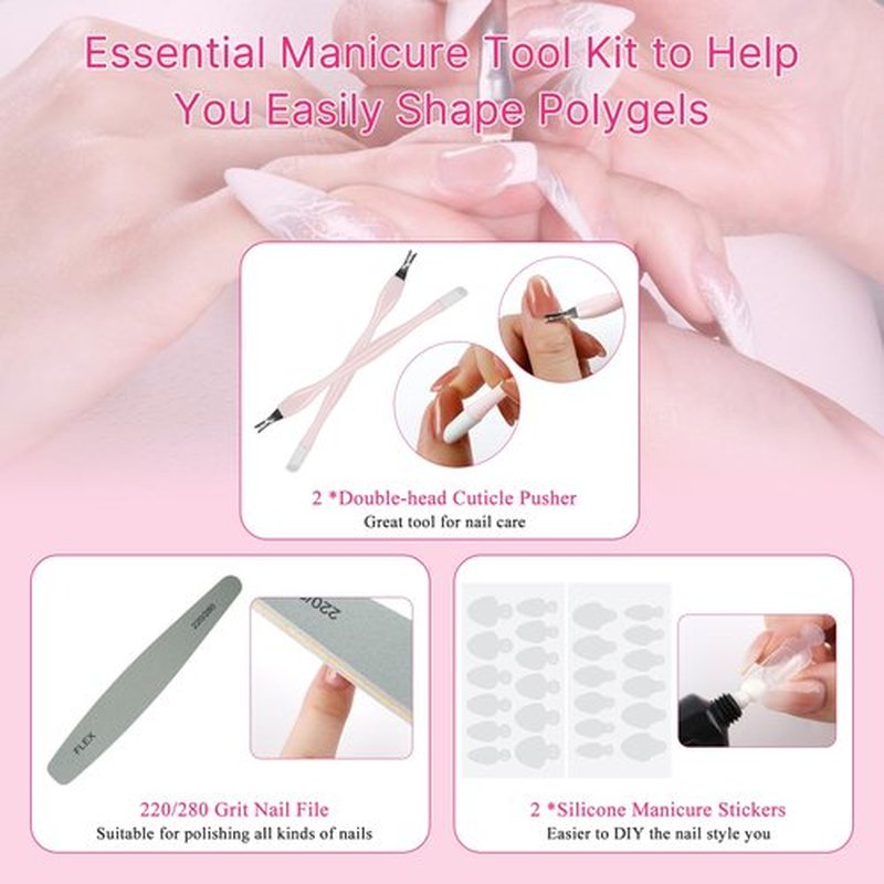 144Pcs Poly Nail Gel Form Kit, 12 Style 12 Sizes and Colors Dual Nail Forms, with Poly Nail Gel, Slip Solution, Brush Pen,Nail File, Cuticle Pusher, Silicone Tip Sticker for Salon & DIY at Home