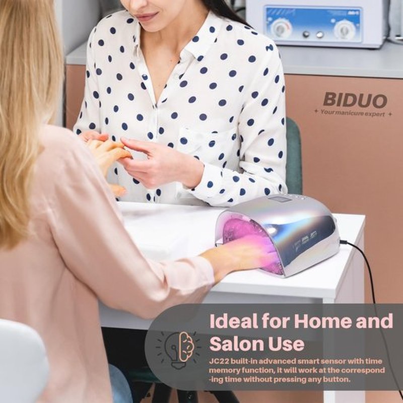 BIDUO 52 Beads Professional Nail Lamp,Cordless LED UV Light for Gel Nails,Electroplated Mirror-Finish Inner Wall and Base Plate,Rechargeable 18000 mAh Battery,84W High Power (Holographic Silver)