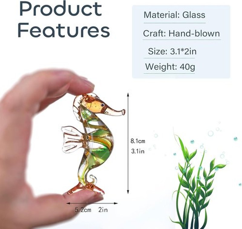 HDCRYSTALGIFTS Seahorse Glass Figurine - Handmade 3'' Miniature Ocean Decor Collectible Gift