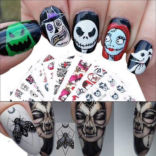 UARUOGP 25 Sheets Halloween Water Transfer Nail Stickers Nail Art Decals,10 Sheets Punk Skull Nails Foil Transfer Stickers,Grimace Skull Eye Spider DIY Decals for Halloween Party(35 Pcs)