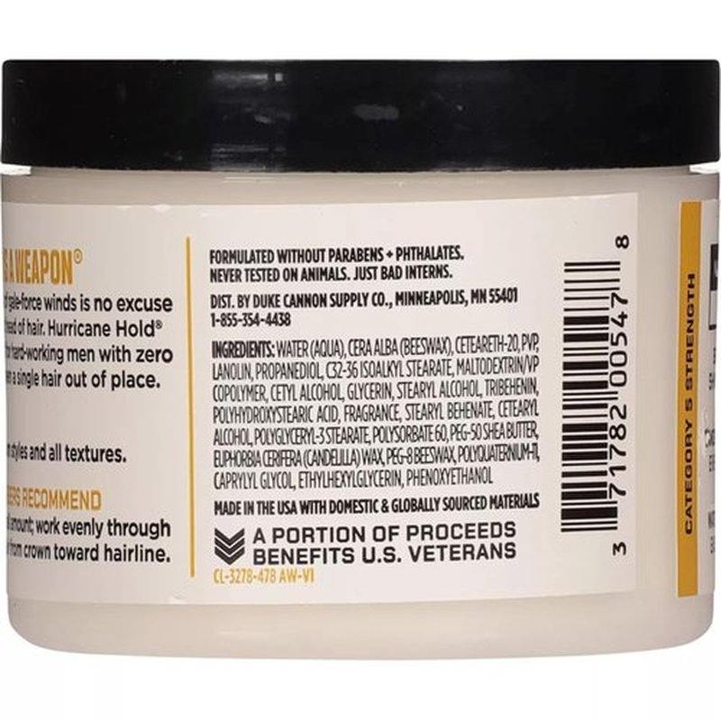 Duke Cannon Supply Co. Hurricane Hold Pomade – 4.6 oz – Extra Strong Hold, No Shine, Water-Based for Easy Washout, Long-Lasting Hair Control