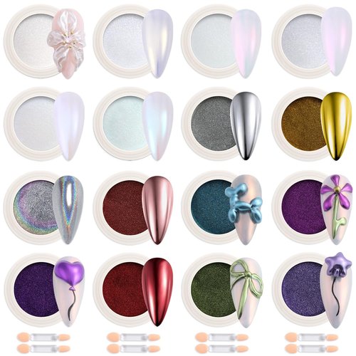 Fcozpjk Chrome Nail Powder Set, 16 Colors Mirror Metallic Effect for Nails Gold Silver Pink Blue Violet Green Red Crome Powder Pearl Chrome Pigment Iridescent Mermaid Shimmer Glitter Rub Dust Manicure