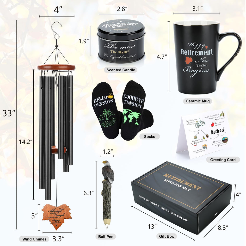 Retirement Gifts for Men 2025, Funny & Cool Happy Retirement Gift for Friends, Coworker, Dad, Grandpa,Retirees,Boss, Best Retired Gifts Basket for Him Include Mugs Wind Chimes,Socks,Candle,Resin Pen