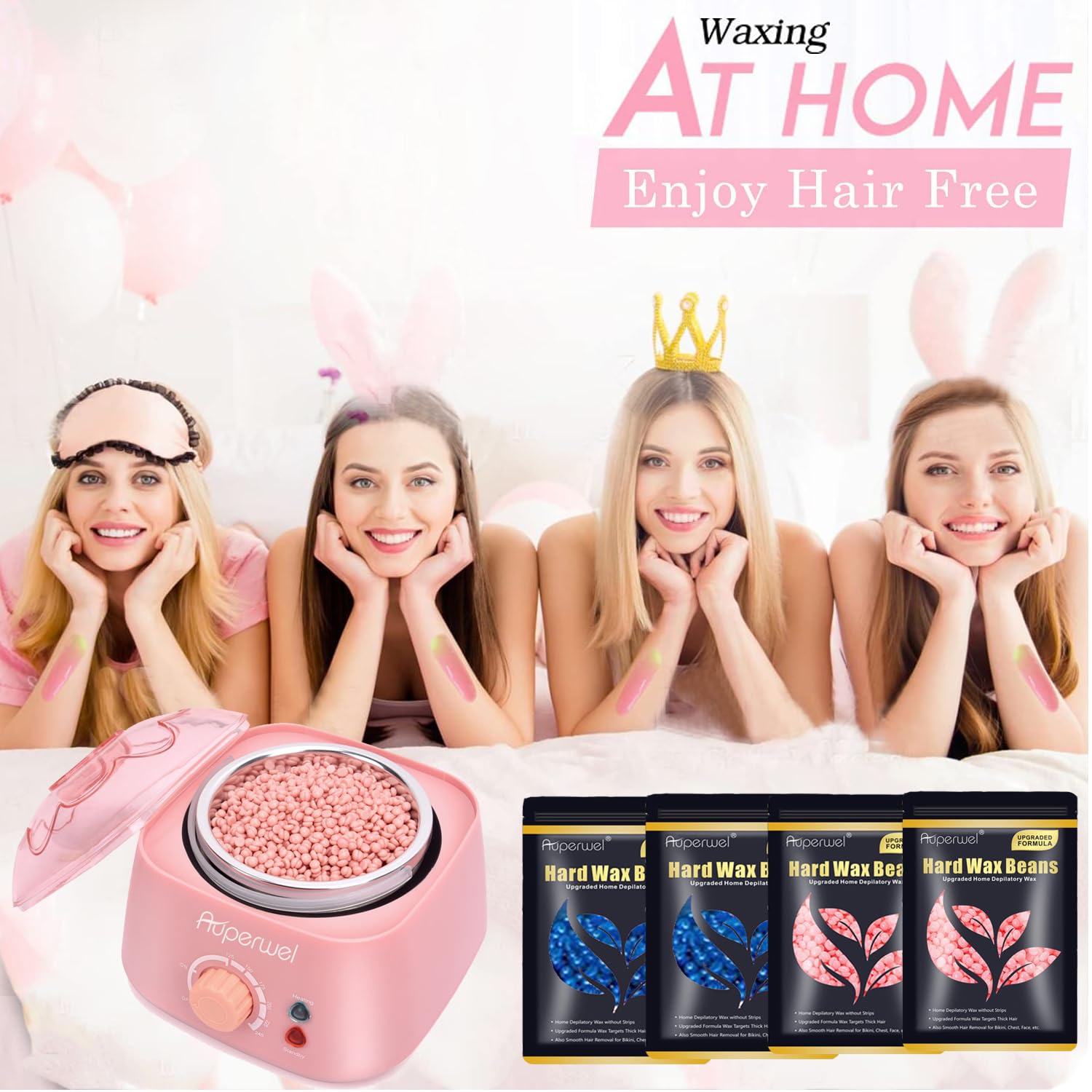 Waxing Kit, Auperwel Hard Wax Kit for Hair Removal Wax Warmer with Moisturizing Aloe Formulas 4 Bags Pearl Wax Beads for Full Body, Legs, Face, Underarm, Bikini, Brazilian Waxing