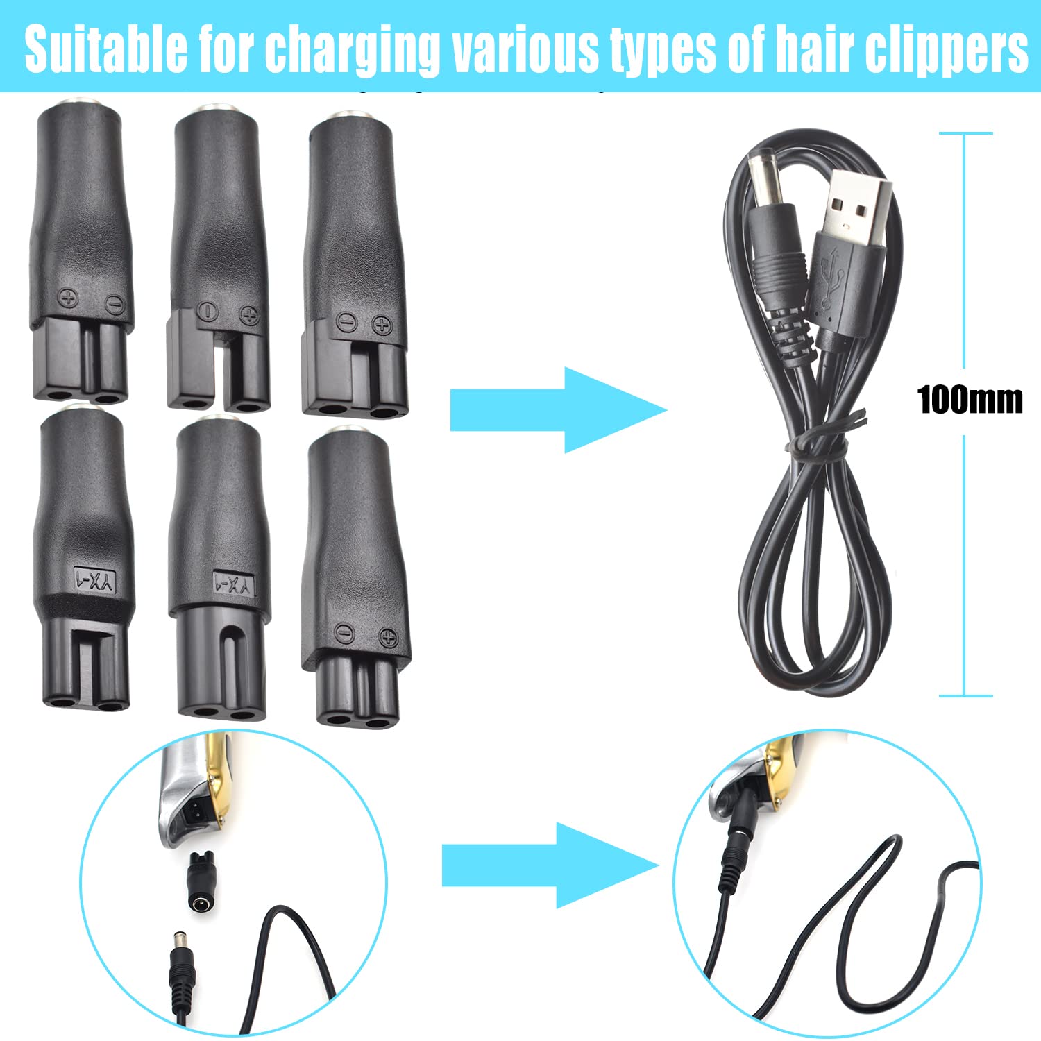 BOEEA 8 PCS Power Cord 5V Replacement Charger USB Adapter Suitable for Hair Clippers, Beard Trimmers, Shavers, Beauty Instruments, Desk Lamps, Purifiers.