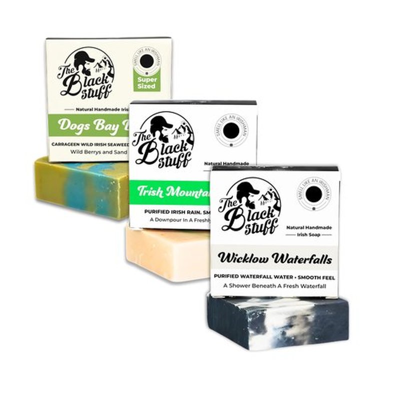 The Black Stuff All Natural Bar Soap for Men Handmade Cold Process Soaps with Organic Ingredients and Essential Oils - Mens Soap for Daily Use - Wicklow Waterfall, Irish Rain Mountain, Dogs Bay Beach