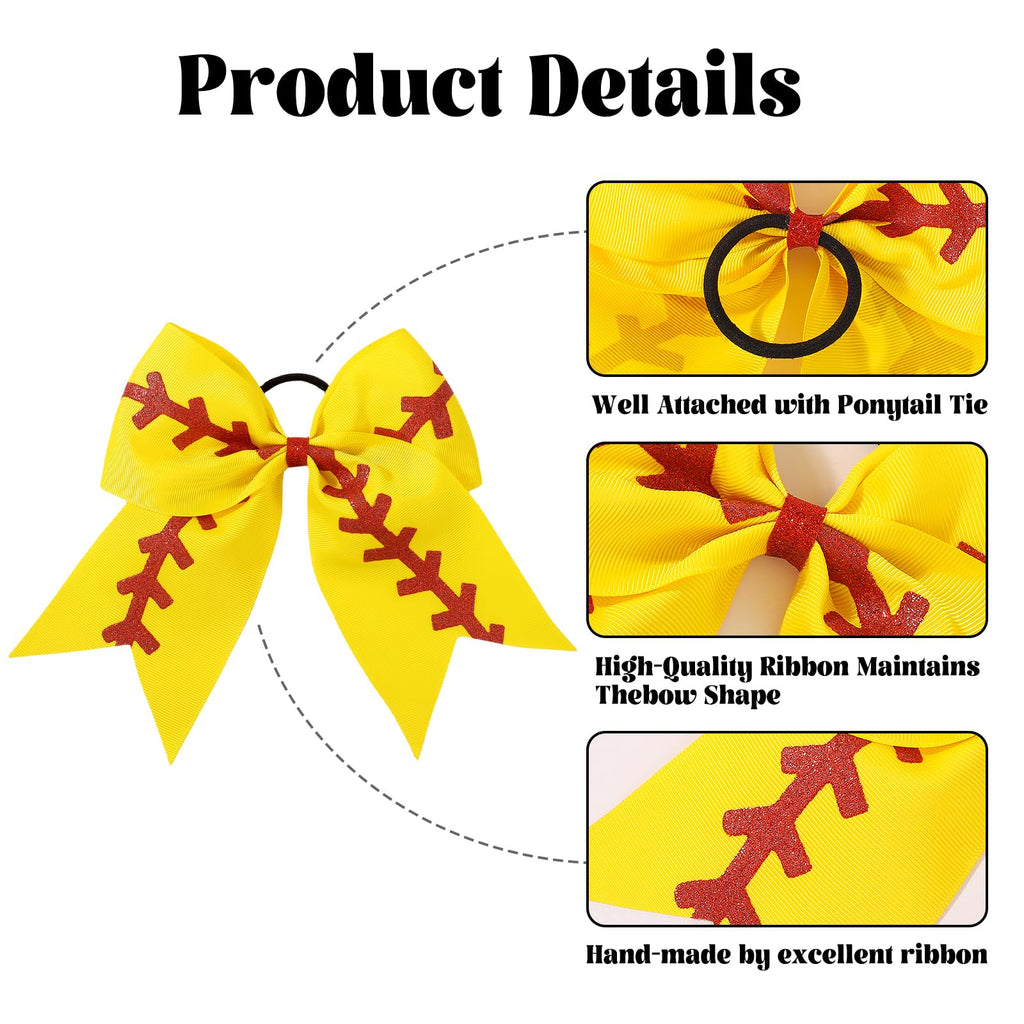 YLEN YHXX 20 PCS 8" Large Softball Cheer Hair Bows Cheerleading Bows with Ponytail Holder Elastic Band Handmade for Cheerleading Teen Girls College Sports （Softball Yellow）