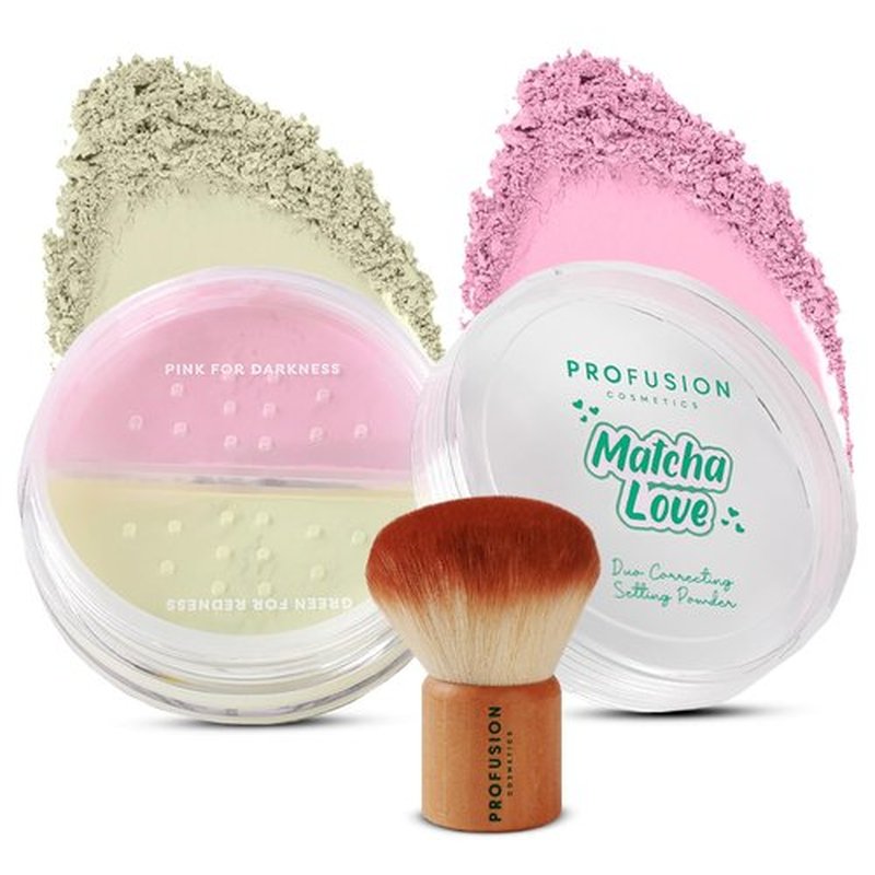 Profusion Cosmetics Matcha Love Duo | Weightless 2-in-1 Correcting Setting Powder & Kabuki Brush - Talc-Free, Revives Dull Skin