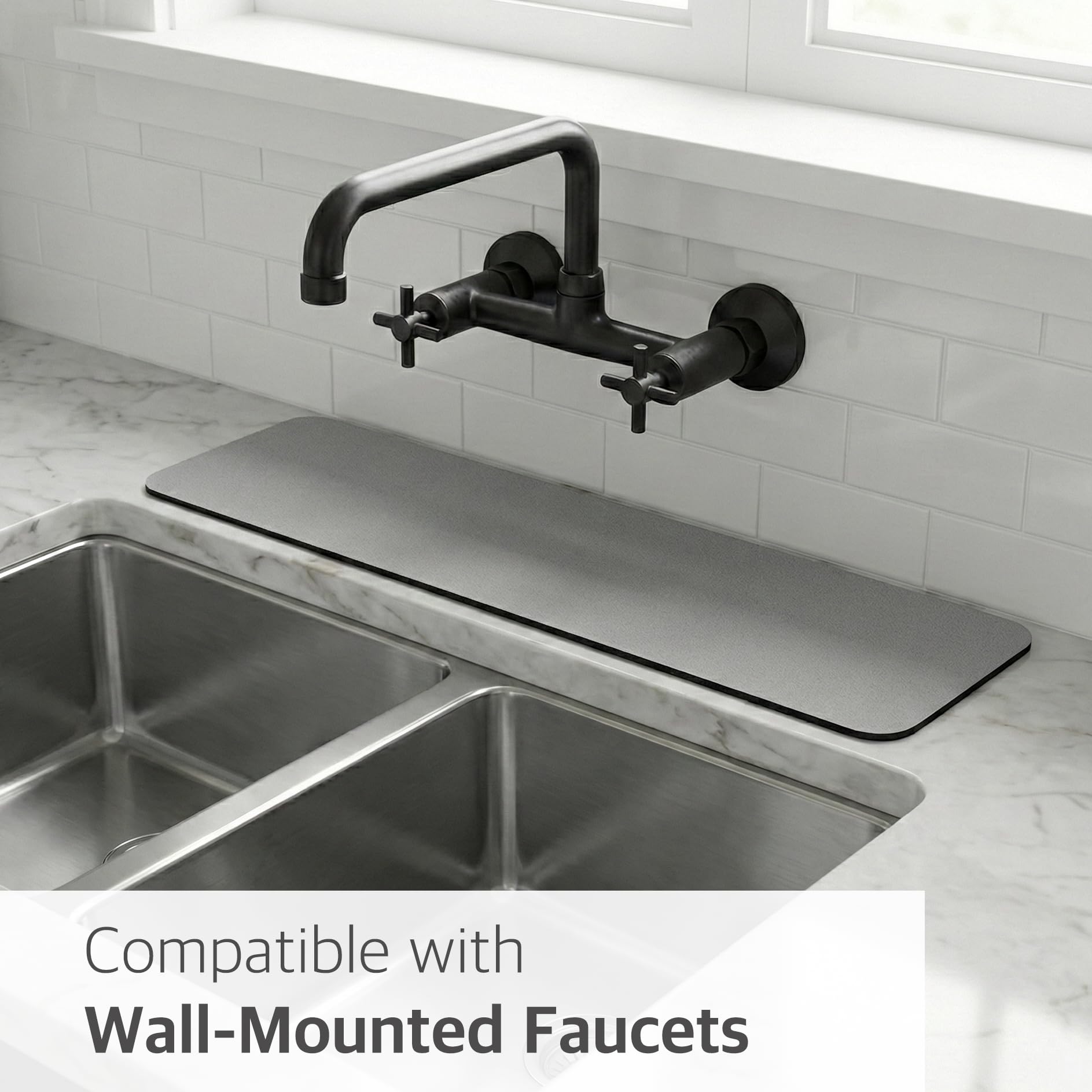 Customizable Faucet Mat for Kitchen Sink: 24" L x 4" W Grey Bathroom Counter Protector - Cuttable to Fit 2, 3 Hole & Oval Rectangle Square Faucet - Splash Guard for Irregular Sink with Soap Dispenser