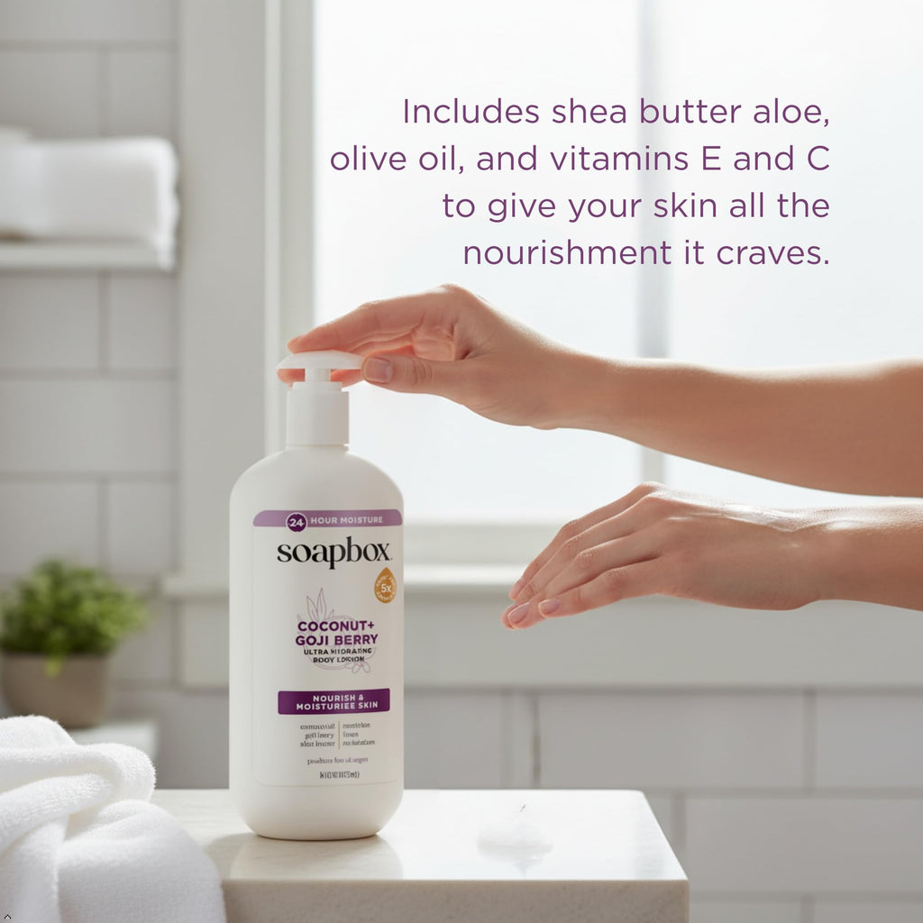 Soapbox Moisturizing Body Lotion, Coconut Milk with Aloe and Shea Butter, Pack of 3 Hand Lotion Bottles, Vegan Skin Care Products, Moisturizer for Dry Skin, 3 Pack, 16oz Each