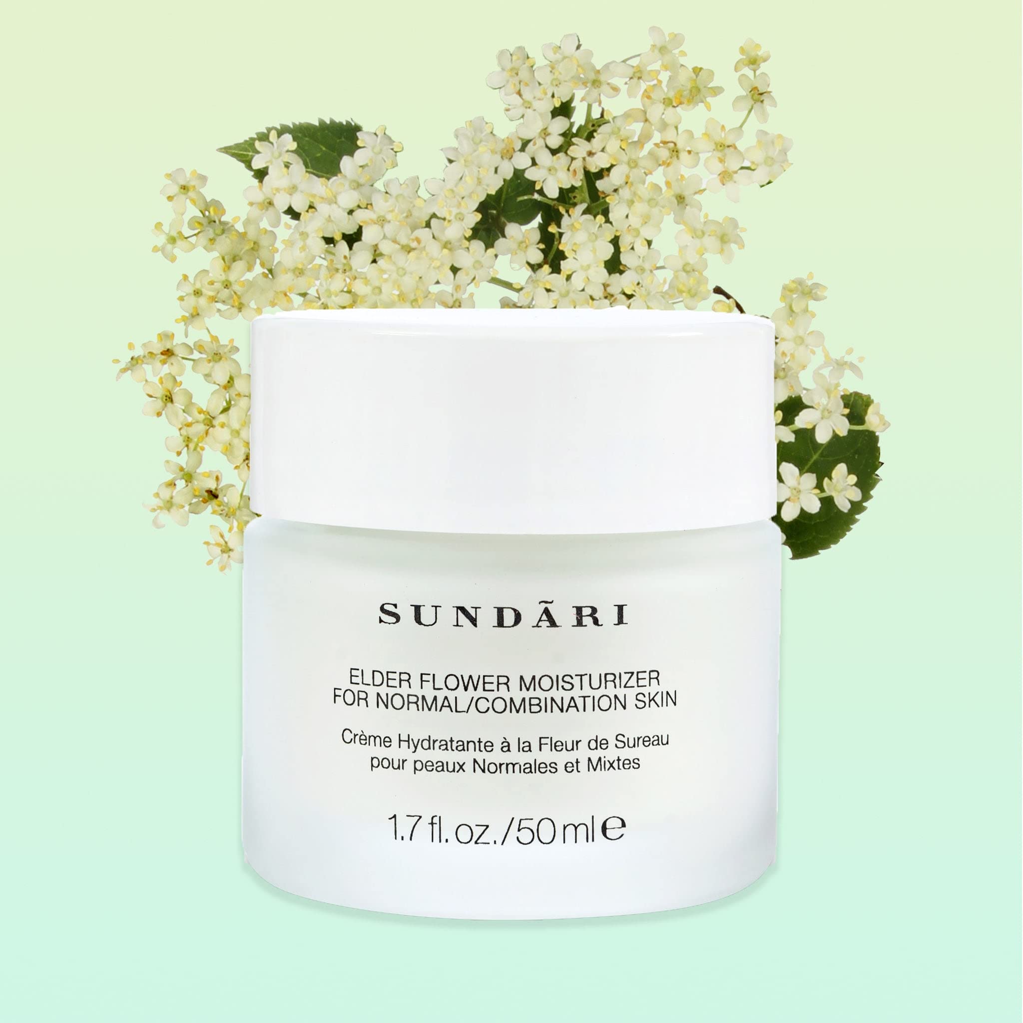 SUNDARI Elder Flower Moisturizer - 1.7 Fl Oz, Lightweight Hydrating Face Cream, Anti-Aging, Soothing, Refreshes and Nourishes, All Natural Ingredients