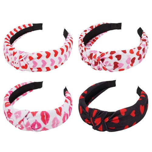Jocbean Valentine's Day Headbands 4-Pack Knotted Hair Accessories Non Slip Pink Red Heart Wide Hairband for Women