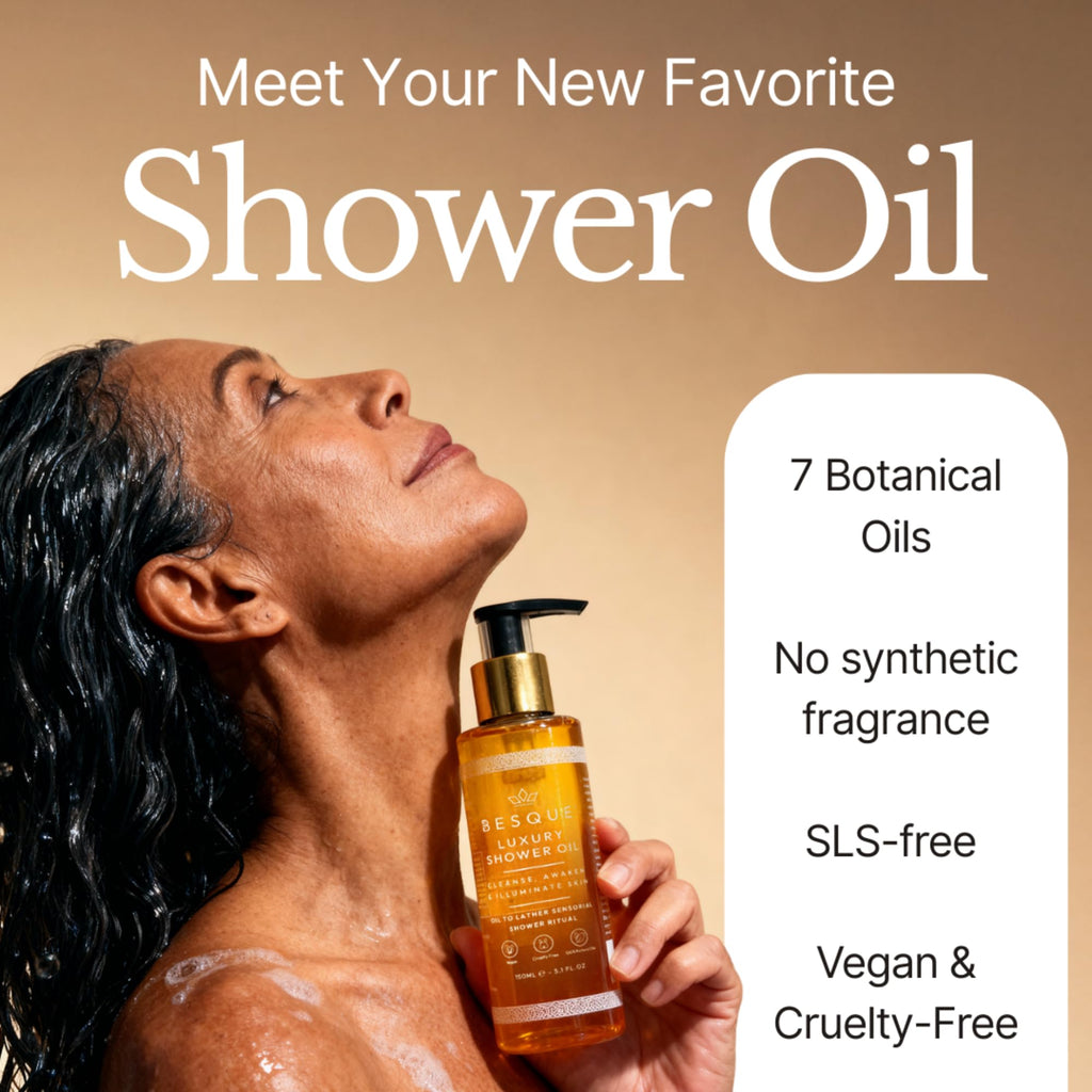 Besque Luxury Shower Oil, 5.1 FL OZ, Natural Hydrating Body Wash for Women with Sweet Almond, Rosehip & Evening Primrose & Vitamin E, Gentle Oil Cleanser for Sensitive, Dry & Aging Skin - Pack of 1