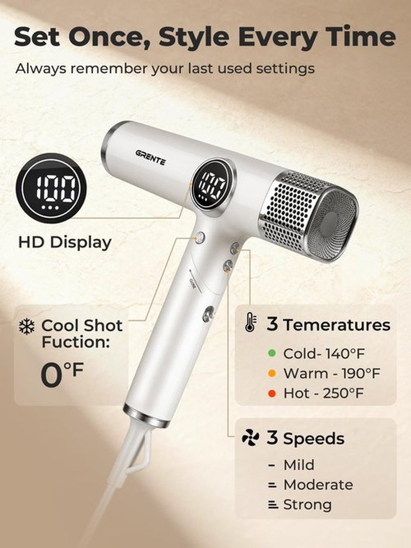 Grente Foldable Hair Dryer with Diffuser, 110,000 RPM High-Speed Negative Ionic Blow Dryer 4 Heat/3 Speed Settings, Magnetic Diffuser & Concentrator, Lightweight & Low Noise for Home and Travel