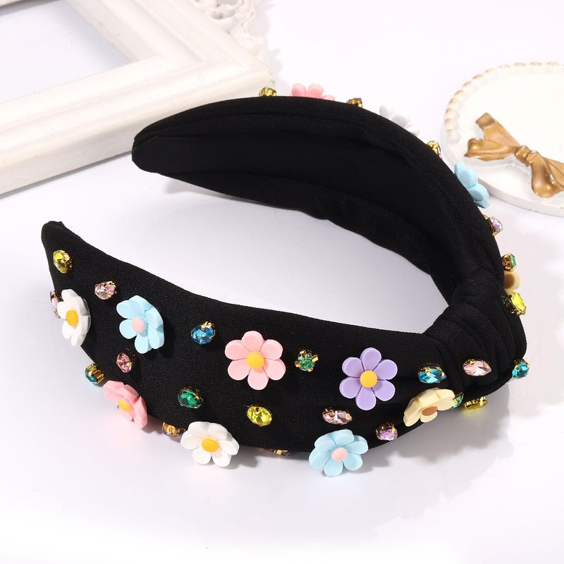 vokone Flower Headbands for Women Girls Crystal Jeweled Embellished Knotted Headband Statement Summer Headband Beach Accessories(Black-Colorful)