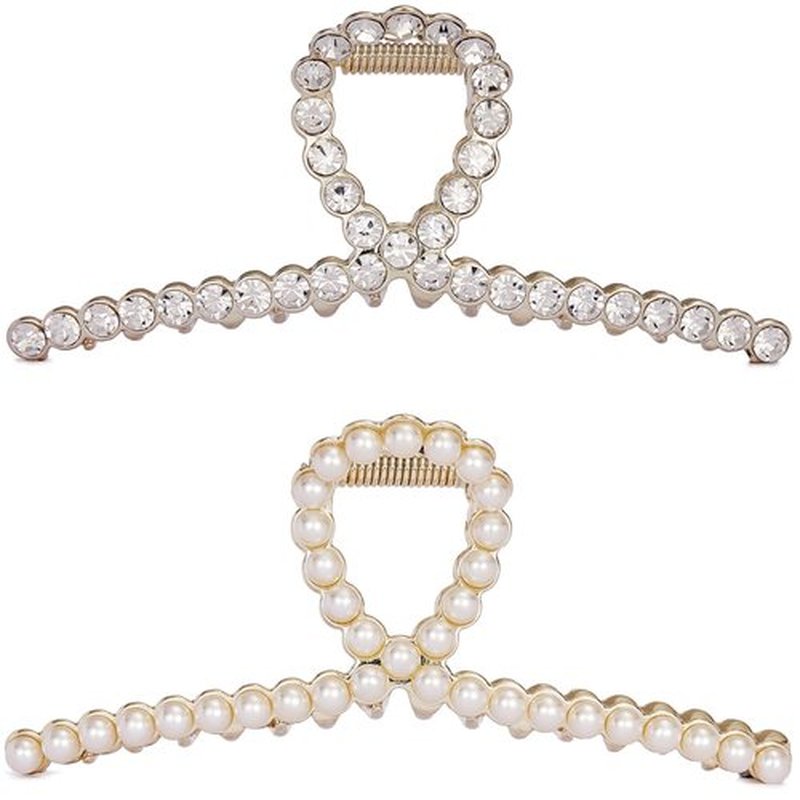Rhinestone Hair Claw Clips, Textention Large Size Imitation Pearl Claw Jaw Clips for Women Thick Thin Hair Elegant Crystal Clasps Clamps Accessories Headwear Styling Tools for Party Wedding (2 Pack)