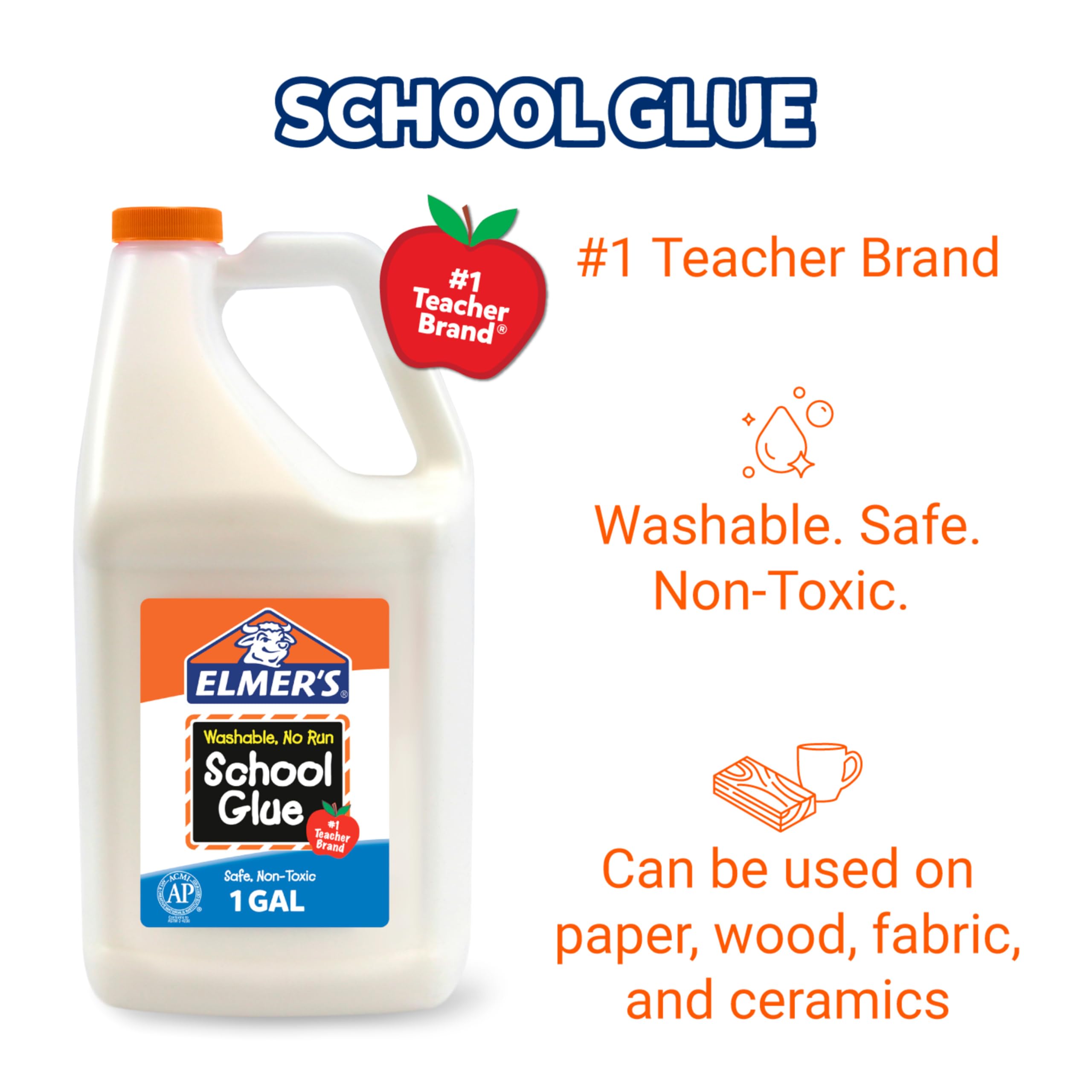 Elmer's White Liquid School Glue, 1 Gallon, Safe, Washable, 1 Count, - #1 Teacher Brand, Bulk Arts & Crafts, Projects, Classroom Supplies, Great for Making Slime