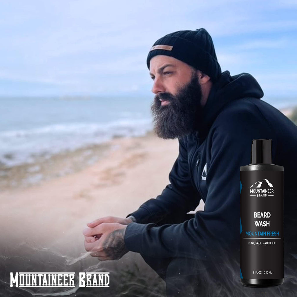 Mountaineer Brand Beard Wash For Men | 100% Natural Beard Shampoo | Thick Cleaning Softening Lather for Hair and Skin | Hydrate and Detangle | Grooming Treatment | Mountain Fresh Scent 8oz