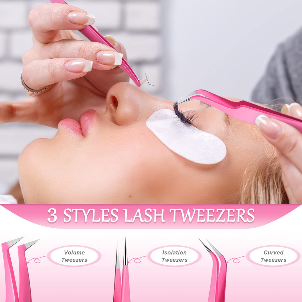 High Precision Lash Tweezers Set 6 Pack Stainless Steel Eyelash Extension Tweezers for Classic, Volume, Mega Volume Lashes, Facial Hair, Eyebrow, Hair Removal, Crafting Making(Pink)