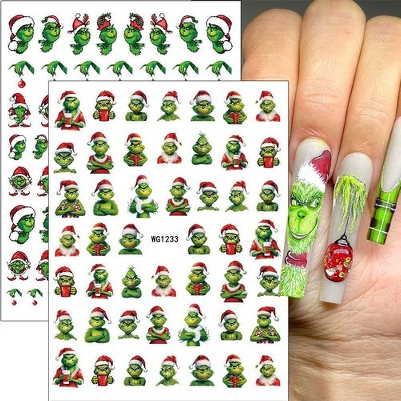6 Sheets Christmas Nail Art Stickers Green Monster Nail Decals Cute Cartoon New Year Nail Art Designs Sticker Xmas Winter Nail Stickers Holiday Nail Supplies for Women DIY Manicure Decoration