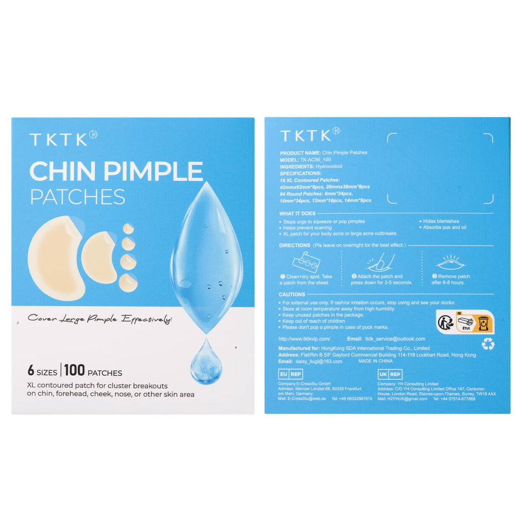 TKTK Chin Pimple Patches (100 Count 6 Sizes), XL Contoured Hydrocolloid Chin Patch 62x42 mm, Large Acne Patch for Face Blemishes Zit Breakouts, Maximum Absorption Overnight Stickers