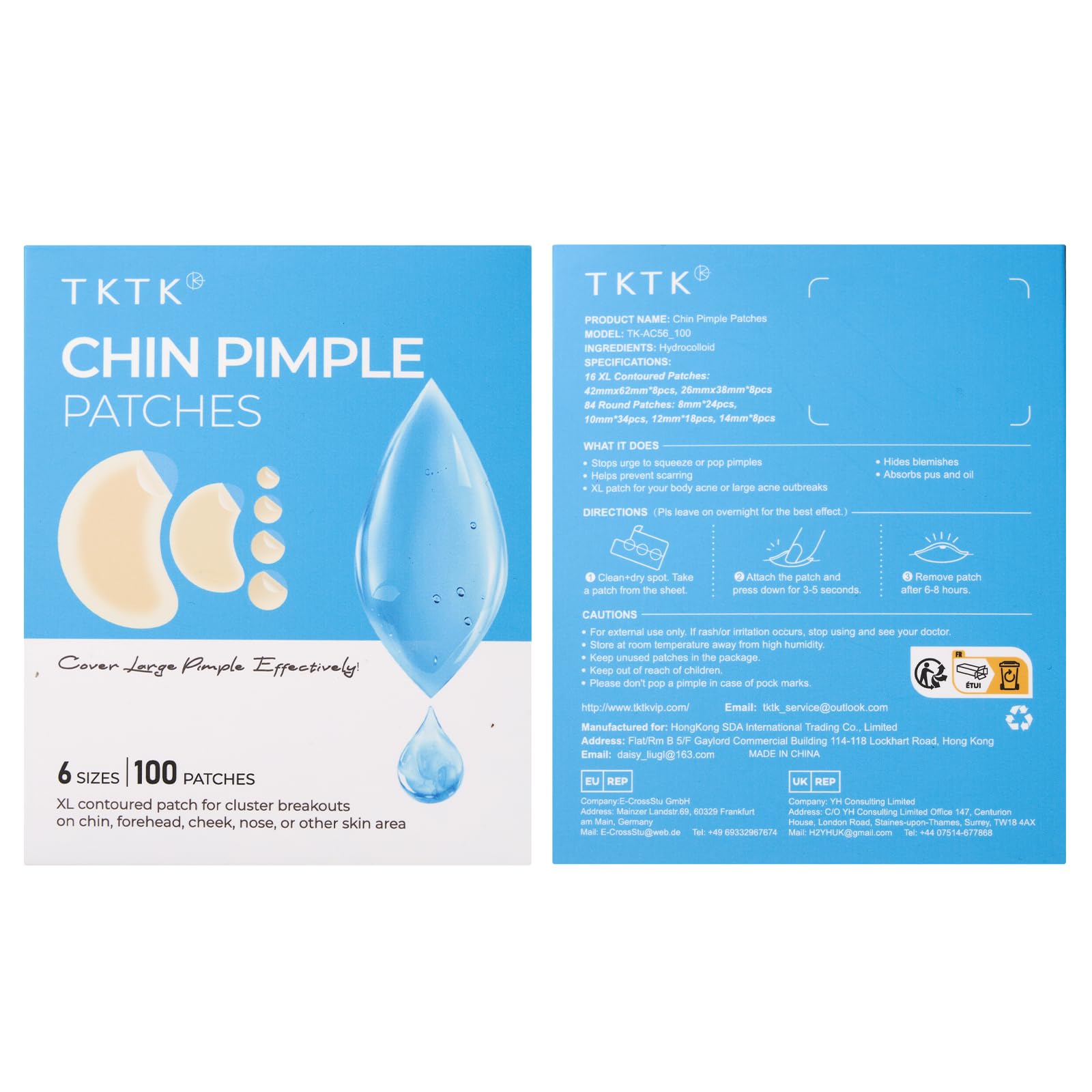 TKTK Chin Pimple Patches (100 Count 6 Sizes), XL Contoured Hydrocolloid Chin Patch 62x42 mm, Large Acne Patch for Face Blemishes Zit Breakouts, Maximum Absorption Overnight Stickers