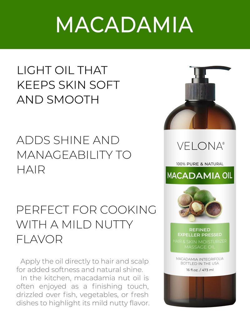velona Macadamia Nut Oil 16 Fl Oz | 100% Pure and Natural Carrier Oil | Refined | Cooking, Skin, Hair, Body & Face Moisturizing | Use Today - Enjoy Results