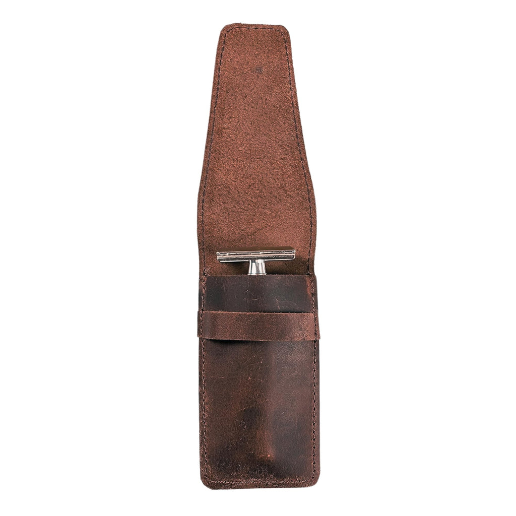 CestAntiQ Leather Safety Razor Case Shaving Accessories Straight Safety Razor Holder for Double Edge Personal Care Essentials Handmade Shaver Case for Travel (Brown)