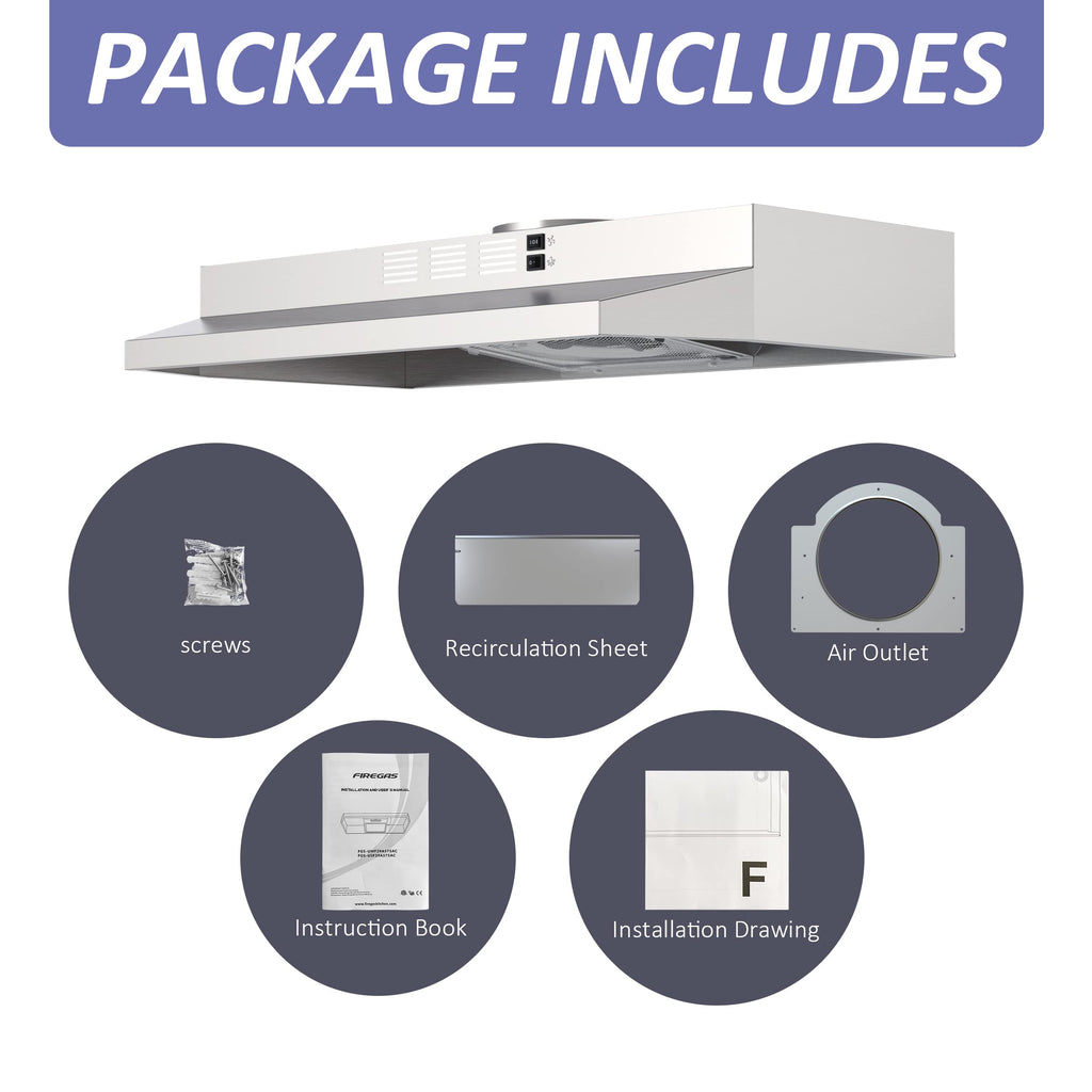 FIREGAS Under Cabinet Range Hood 30 inch, 300 CFM Ducted/Ductless Convertible, 2-Speed Exhaust Fan with LED Light & Rocker Control, Stainless Steel Kitchen Vent Hood