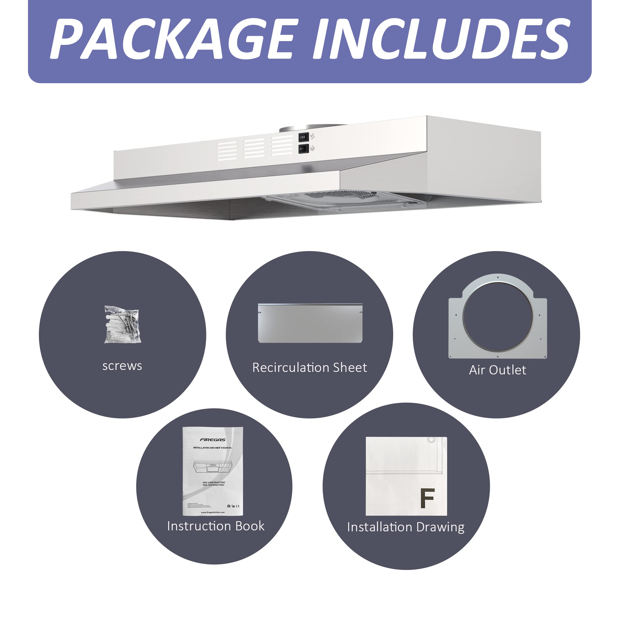FIREGAS Under Cabinet Range Hood 30 inch, 300 CFM Ducted/Ductless Convertible, 2-Speed Exhaust Fan with LED Light & Rocker Control, Stainless Steel Kitchen Vent Hood