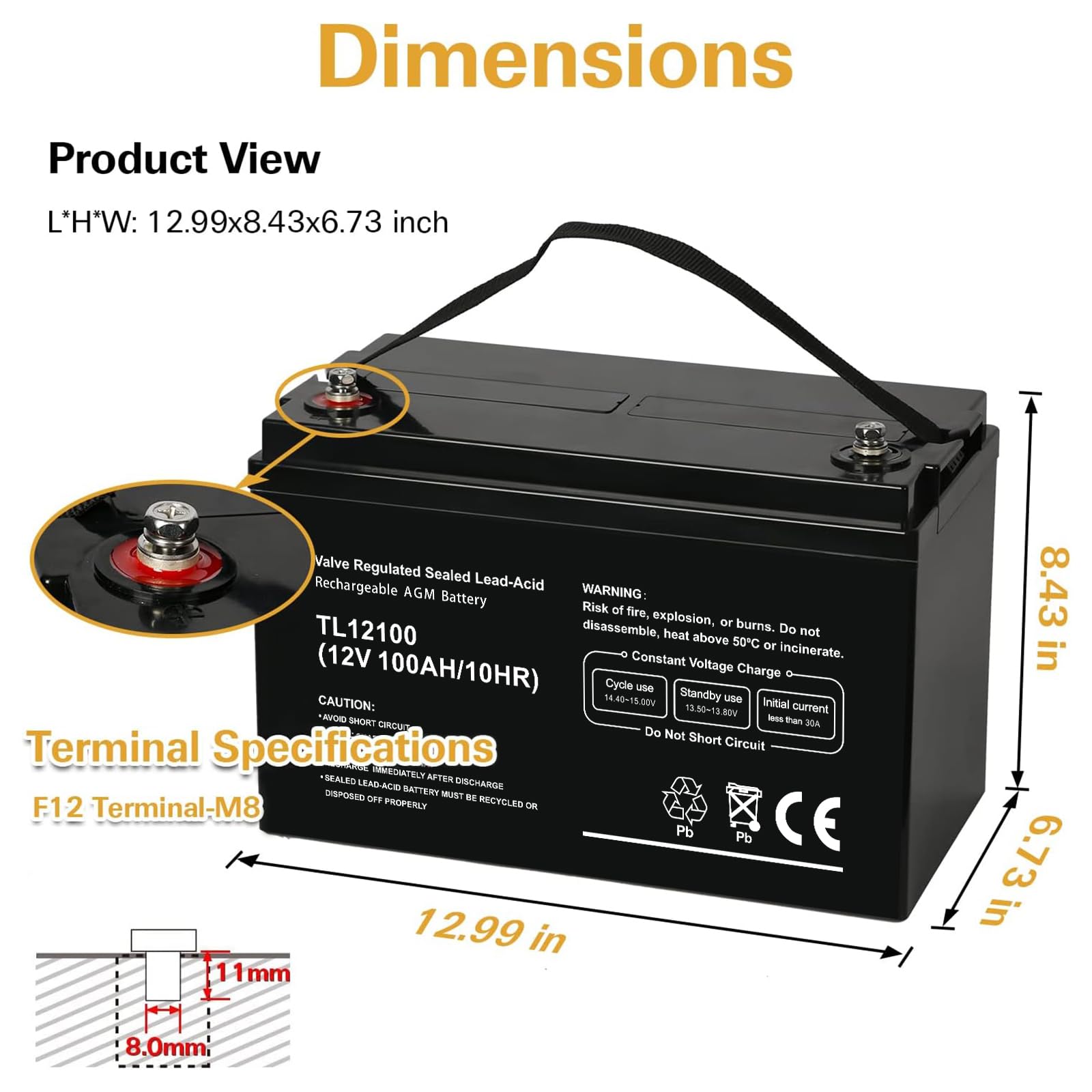 Weize Deep Cycle AGM 12 Volt 100Ah Battery, Maintenance-Free, 3% Self-Discharge Rate, 1150A Max Discharge Current, Perfect for RV, Solar, Trolling Motor, Wind, Marine, Camping and Off-Grid System
