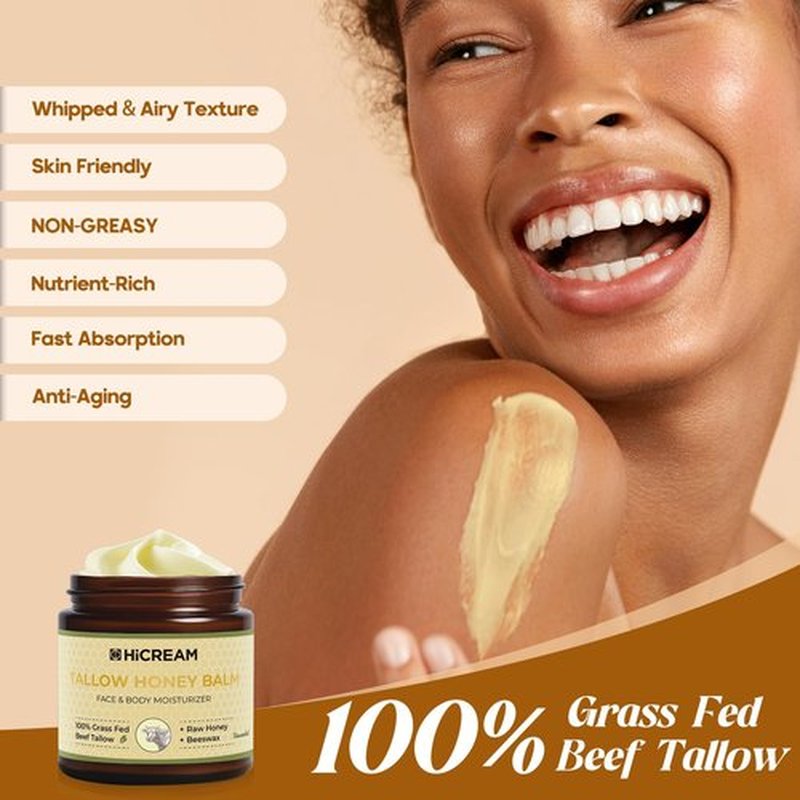 Hicream Beef Tallow for Skin, Beef Tallow and Honey Balm, 100% Organic Grass-Fed Beef Tallow, Face & Body Moisturizer for Dry, Cracked, Sensitive Skin - Handmade - Natural Formula (4 Oz, Unscented)