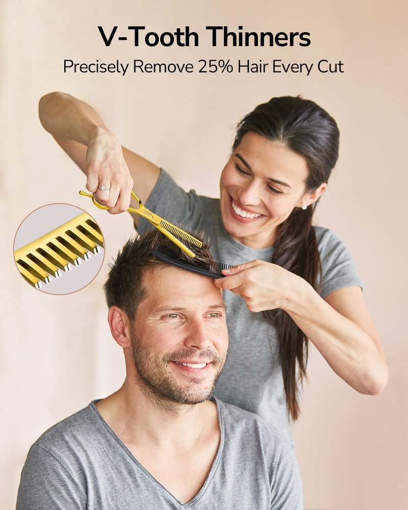 ULG Professional Hair Cutting Scissors Set – 6.5” Japanese Stainless Steel Barber Shears & Thinning Scissors with Comb, Clips & Case – at-Home Salon Haircut Kit Gold