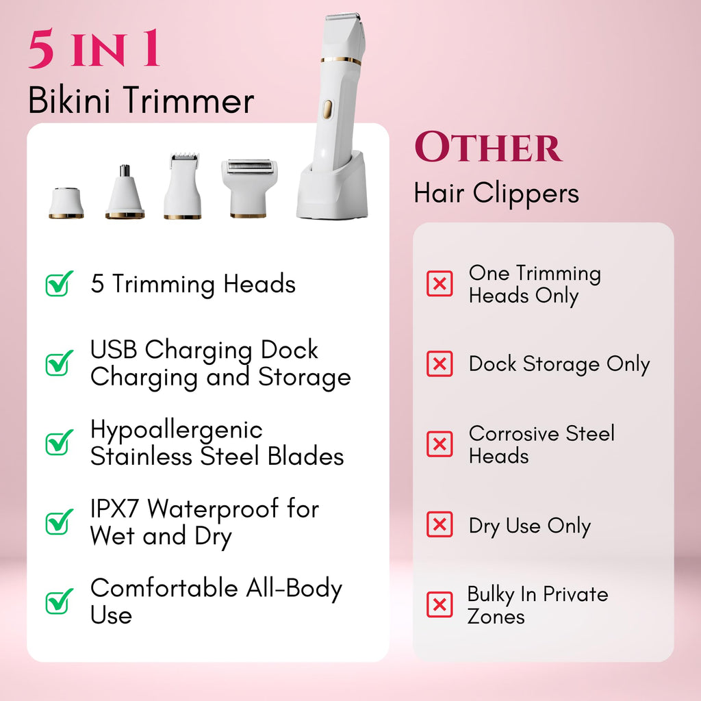 Paradise Bliss Quality 5-in-1 Bikini Trimmer Electric Razors with USB Cord, Excellent Facial Hair Elimination, Wet/Dry Body Shaver for Nose, Eyebrows, Beard, Leg, and Arm, IPX7 Waterproof (White)