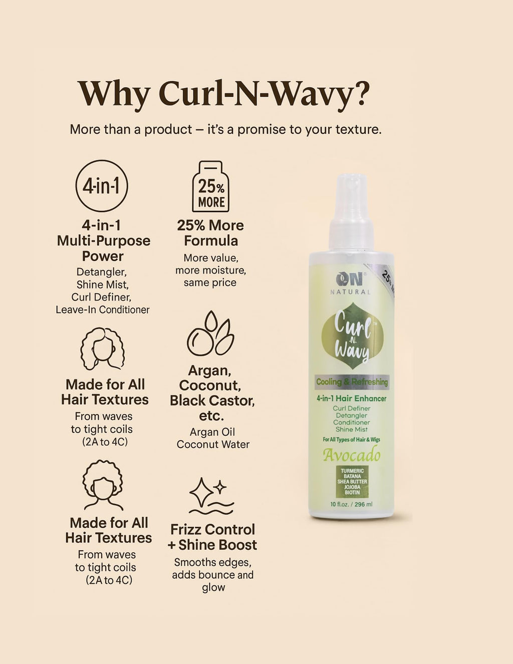 On Natural Curl-N-Wavy 4-in-1 Hair Enhancer For All Hair Texture [Jamaican Black Castor] 3.4 OZ