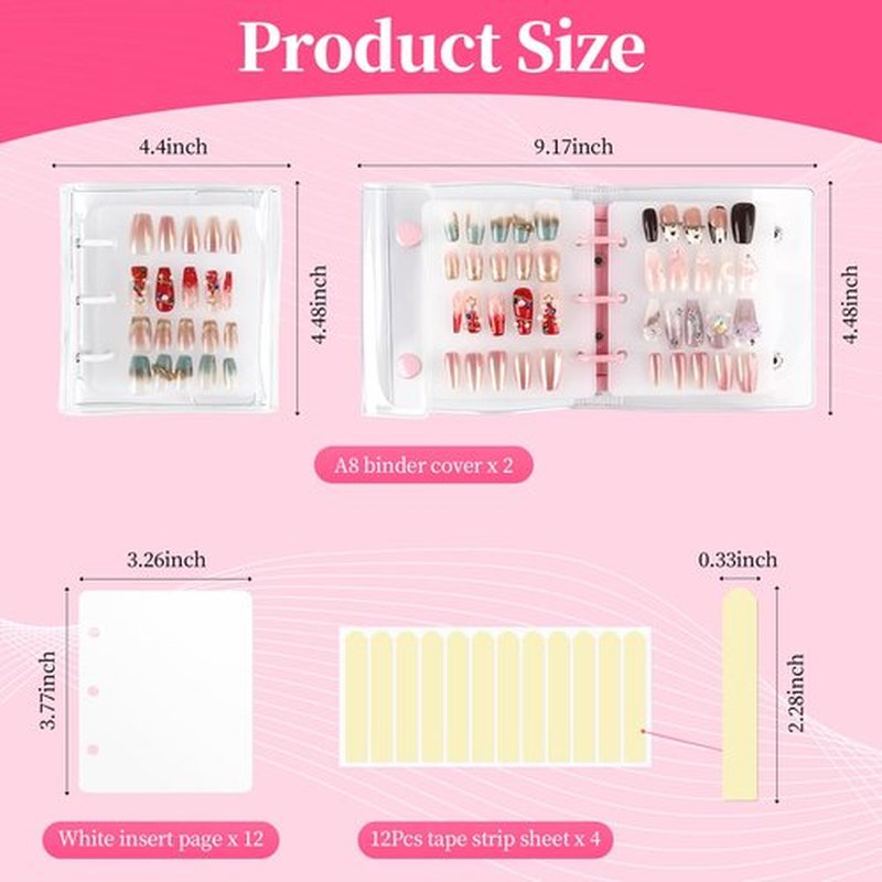 ASTONFOG Press On Nail Organizer, 2Pcs Press On Nail Binder Book with 12 Insert Pages-A8 Sized & Double Sized Tape, Fake Nails Swatch Display Collecting Storage Book(Pink+White)