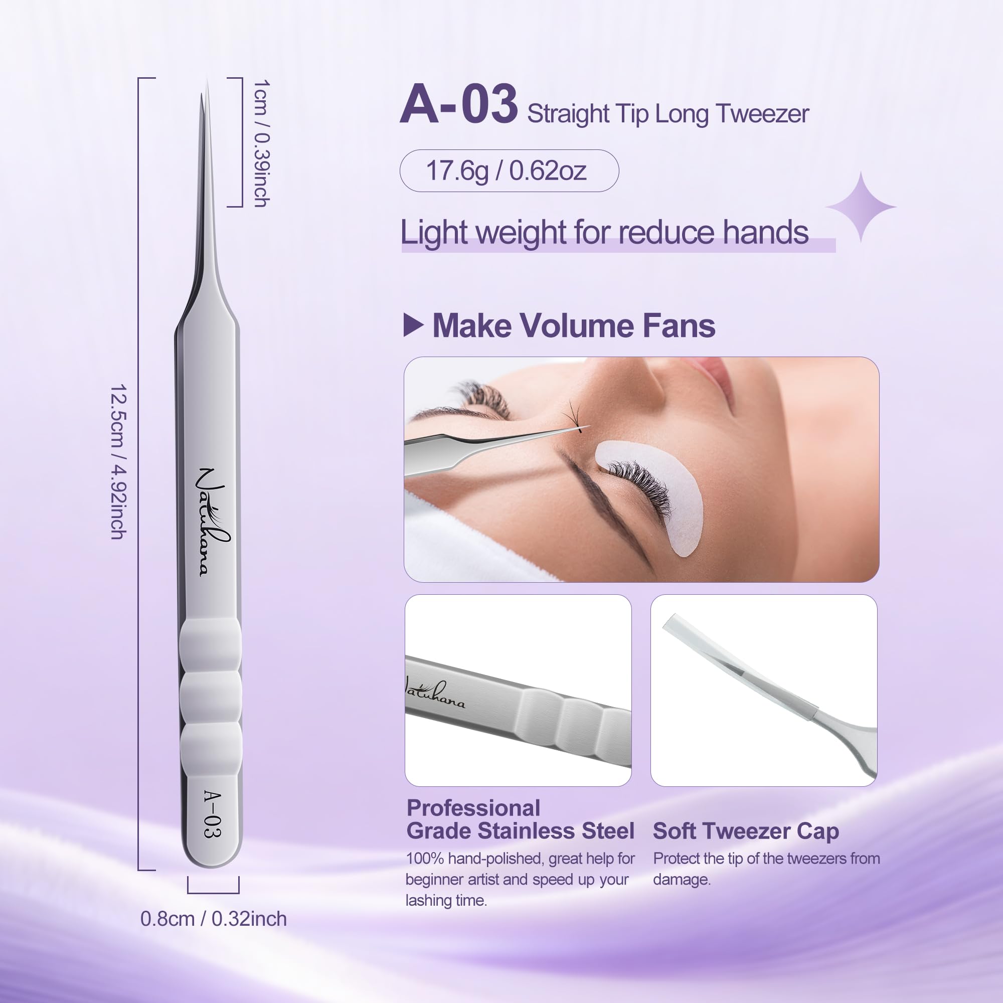Natuhana High Precision Lash Tweezers for Individual and Volume Eyelash Extensions Pointed Premium Stainless Steel Curved Fiber Tip Professional Isolation Tweezer