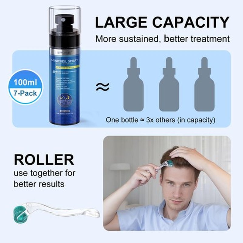 5% Minoxidil Spray for Men and Women-7 pack, Infused with Biotin, Beard Growth, Extra Strength Treatment to Combat Hair Loss and Thinning, and Fuller Hair & Beard (11 Month Supply, Extra Strength)