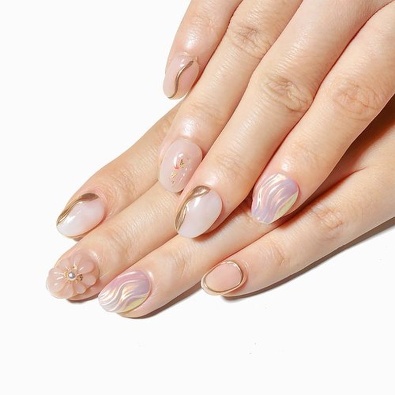 Sun&Beam Nails Handmade Press-on Short Round White Beige Gold 3D Mirror Pearl Design False Nail Tips 10 Pcs (#131 L)