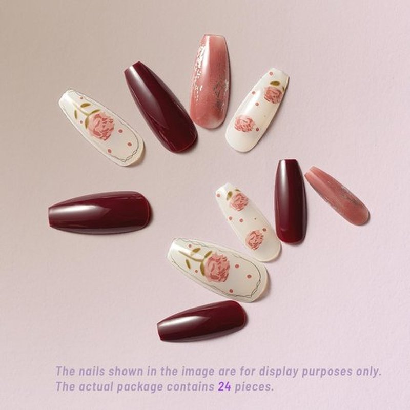 ClawArts Chic Long Coffin Shape Hand-Painted Rose Floral Press on Nails in Burgundy and White, Golden Trim Accents, No Liquid Glue or UV Light Needed, Suitable for Office and Everyday Wear