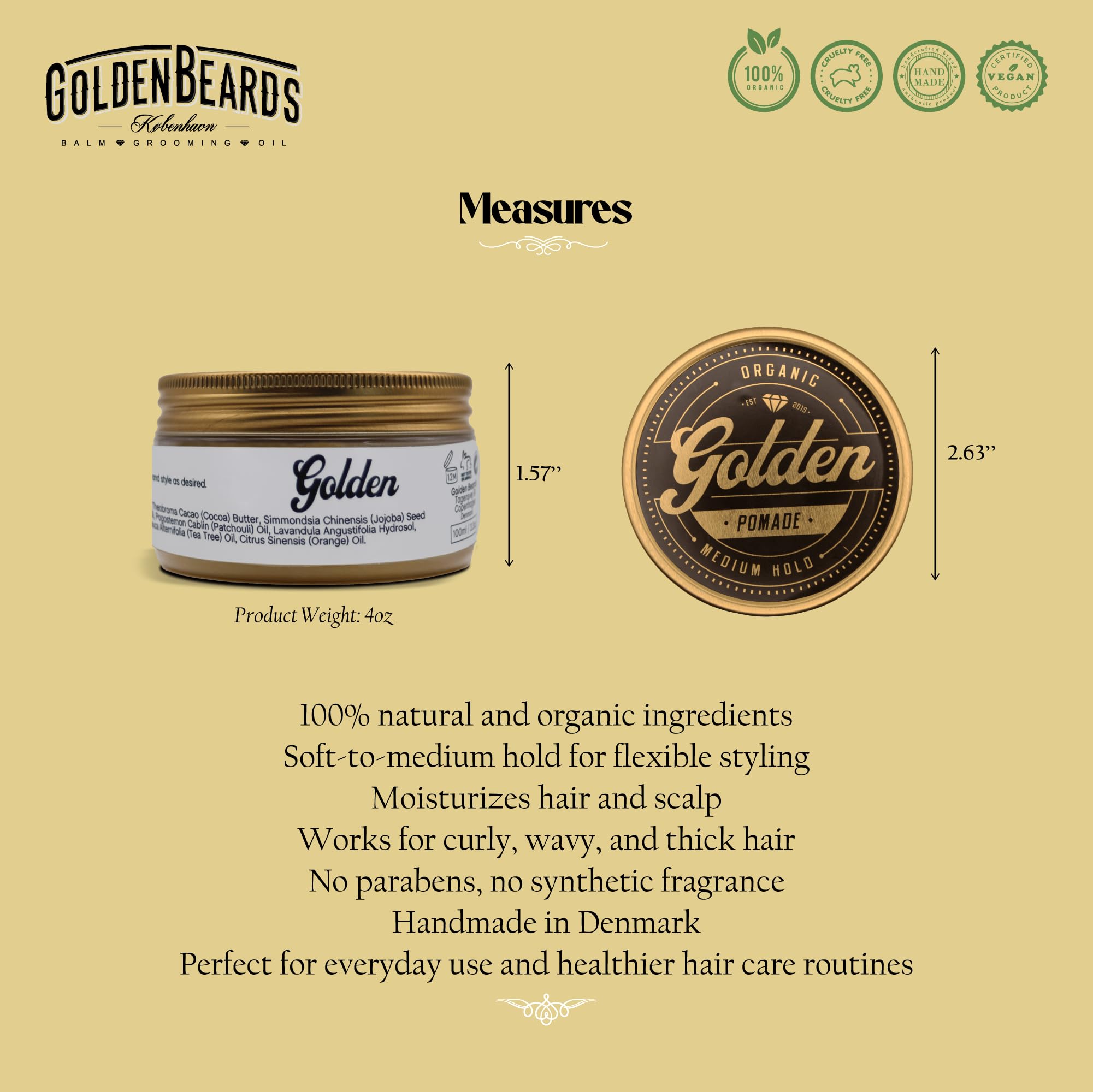 Golden Beards Organic Hair Pomade – 3.3 oz – Natural Styling Cream with Medium Hold & Matte Finish – Handmade, Vegan & Cruelty-Free Hair Grooming