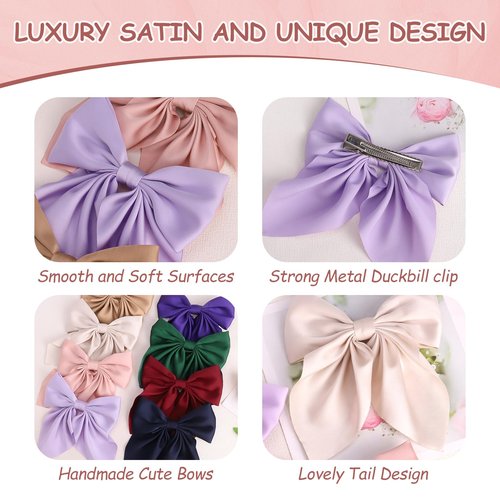 Silky Satin Oversized Long Tail Bowknot Hair Accessories - 10Pcs Large Metal Barrettes with Aesthetic Hair Clips for Women