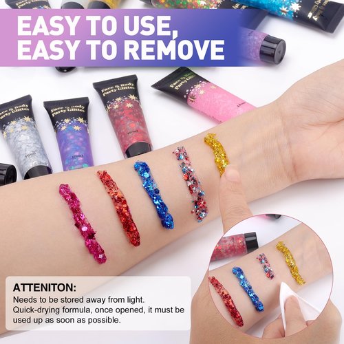 AROIC 14 Colors Body Glitter, Face & Hair Glitter Gel Set for Festival, Eye Shimmer for Women Glow in the Dark Rave Accessories Party Supplies, Face Paint Hair/Cheek/Eyelid Sparkle Makeup-18ml/Tube